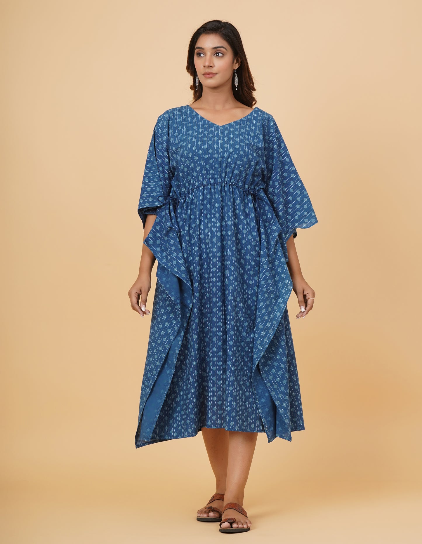 Natural Indigo Dyed Dabu Printed Cotton Long Kaftan Dress