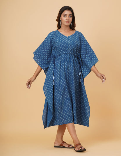 Natural Indigo Dyed Dabu Printed Cotton Long Kaftan Dress