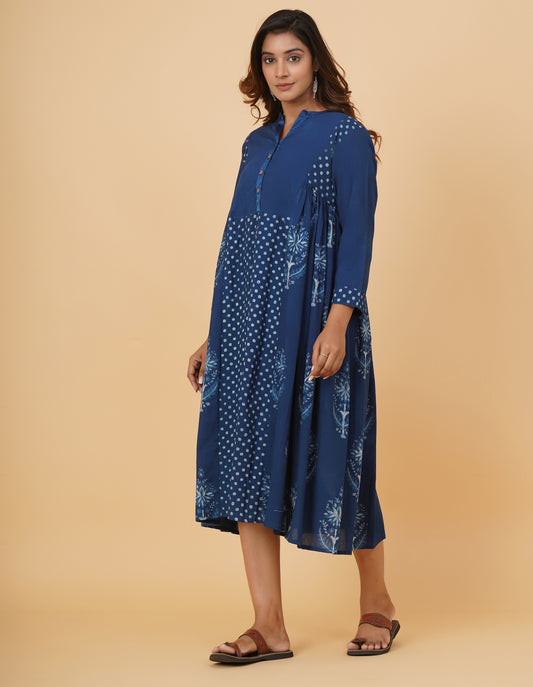 Natural Indig Dyed Dabu Printed Cotton Long Dress