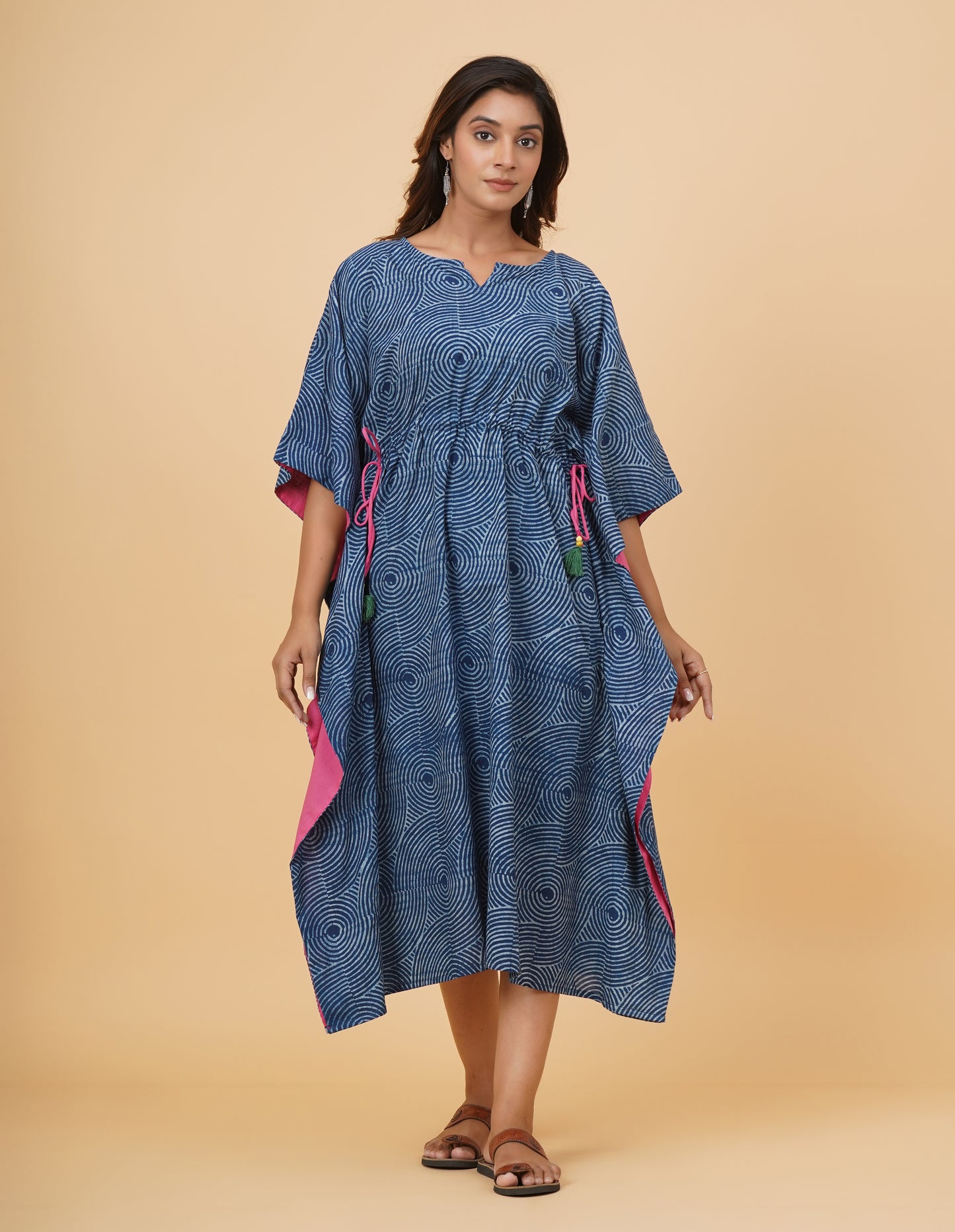 Natural Indigo Dyed Dabu Printed Cotton Long Kaftan Dress (Copy)