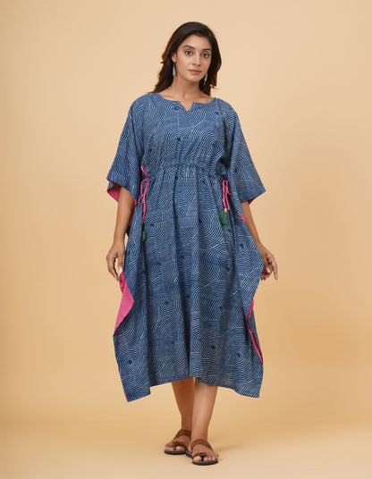Natural Indigo Dyed Dabu Printed Cotton Long Kaftan Dress (Copy)