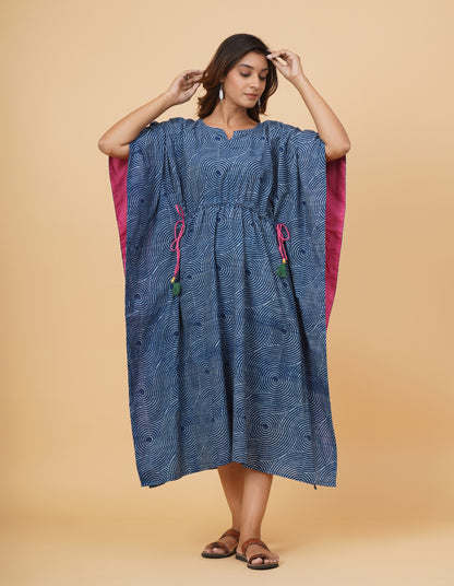 Natural Indigo Dyed Dabu Printed Cotton Long Kaftan Dress (Copy)