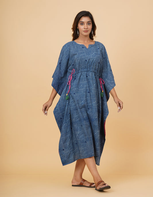 Natural Indigo Dyed Dabu Printed Cotton Long Kaftan Dress (Copy)