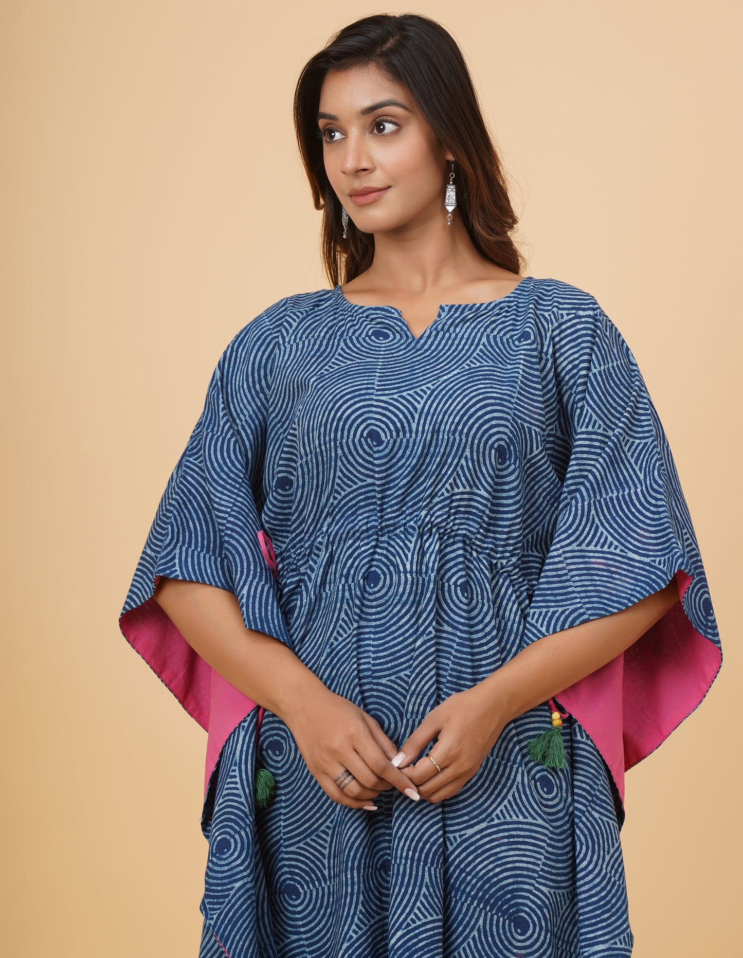 Natural Indigo Dyed Dabu Printed Cotton Long Kaftan Dress (Copy)