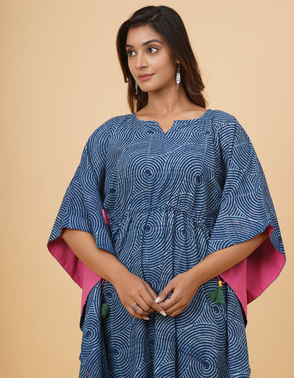 Natural Indigo Dyed Dabu Printed Cotton Long Kaftan Dress (Copy)