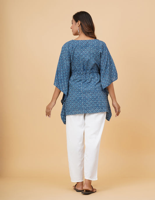 Indigo Dyed Dabu Printed Cotton Short Kaftan