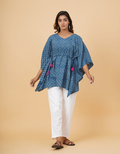 Indigo Dyed Dabu Printed Cotton Short Kaftan