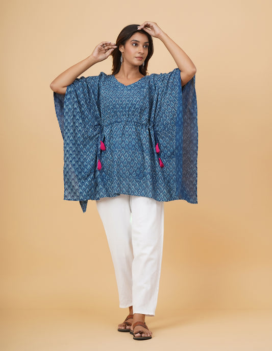 Indigo Dyed Dabu Printed Cotton Short Kaftan