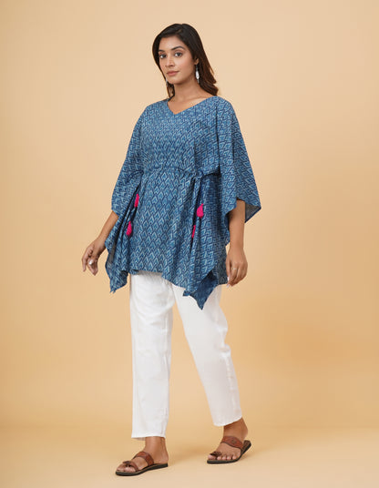 Indigo Dyed Dabu Printed Cotton Short Kaftan