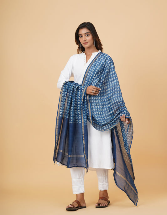 Indigo Dyed Dabu Printed Chanderi Duppatta