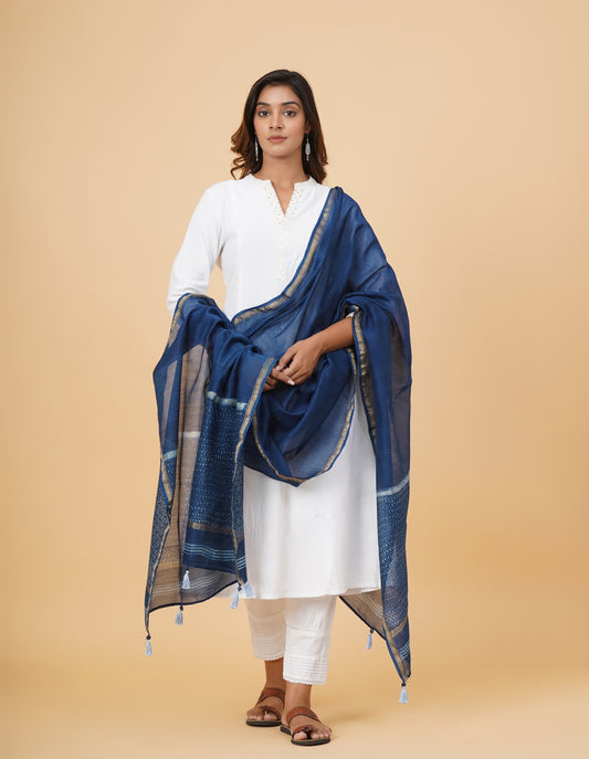 Indigo Dyed Dabu Printed Chanderi Duppatta