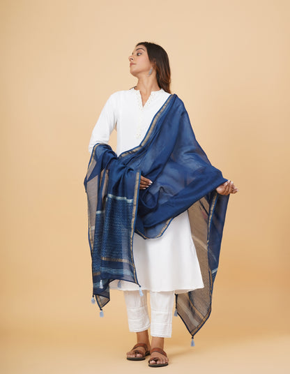 Indigo Dyed Dabu Printed Chanderi Duppatta