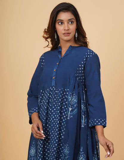Natural Indig Dyed Dabu Printed Cotton Long Dress