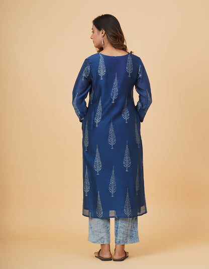 Indigo Dyed Dabu Printed Chanderi Long Kurta