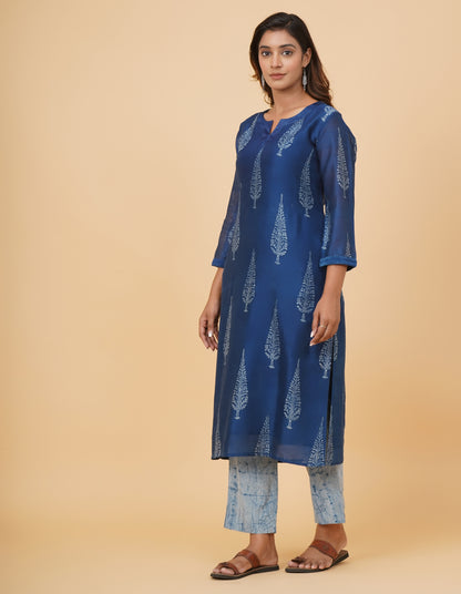 Indigo Dyed Dabu Printed Chanderi Long Kurta
