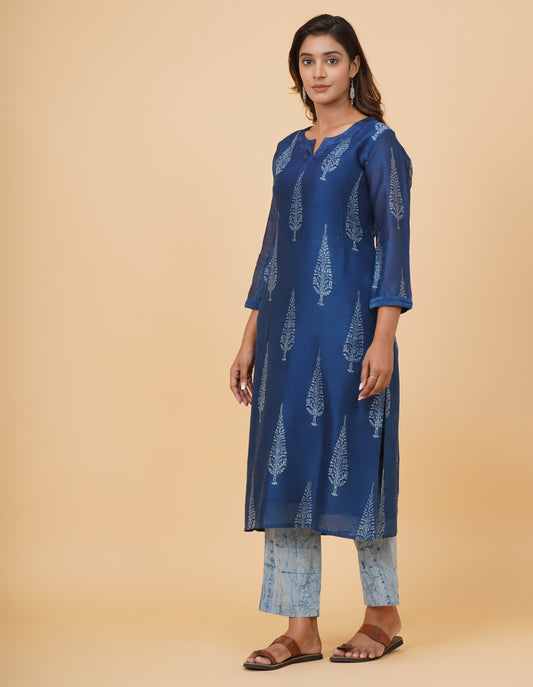Indigo Dyed Dabu Printed Chanderi Long Kurta