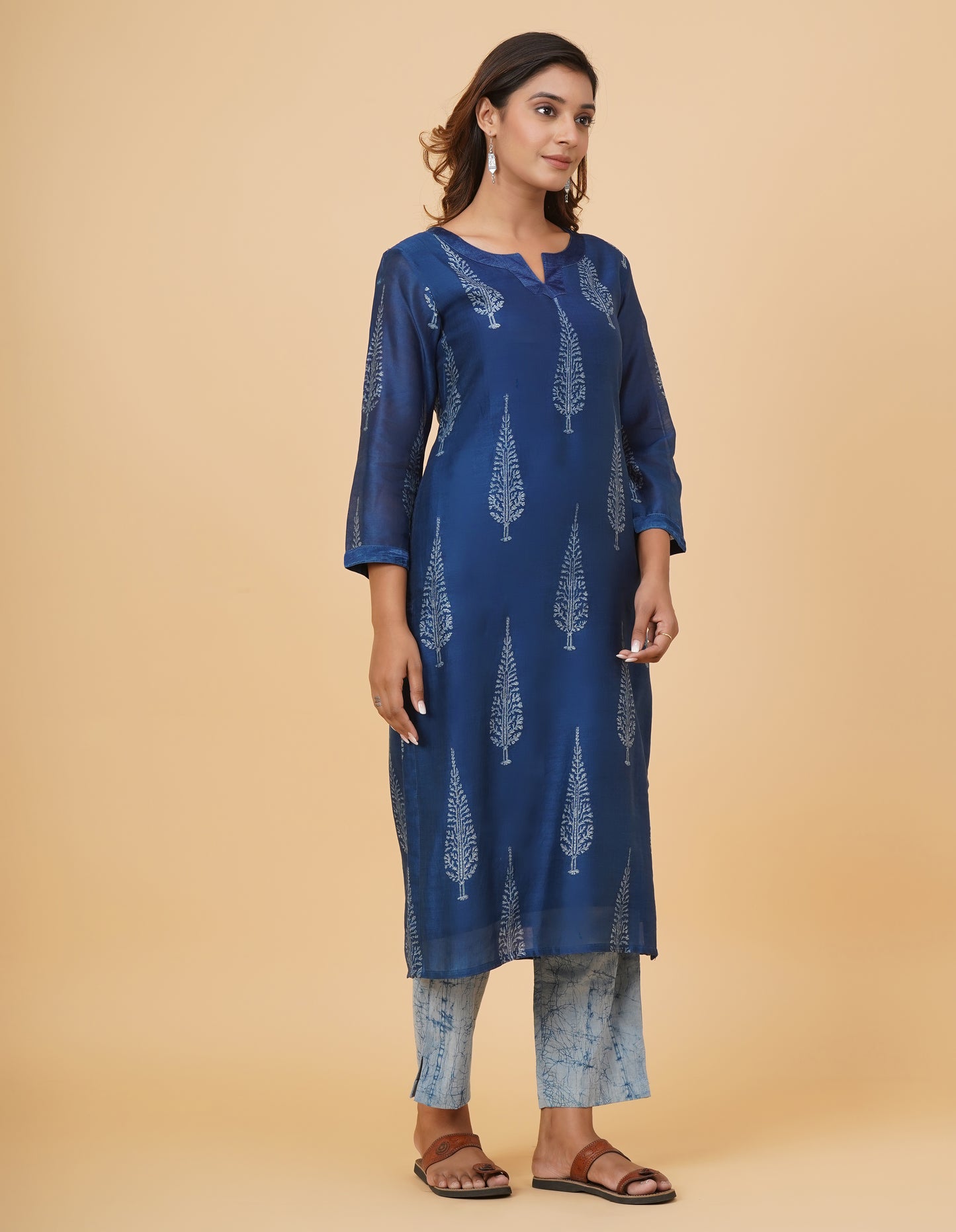 Indigo Dyed Dabu Printed Chanderi Long Kurta