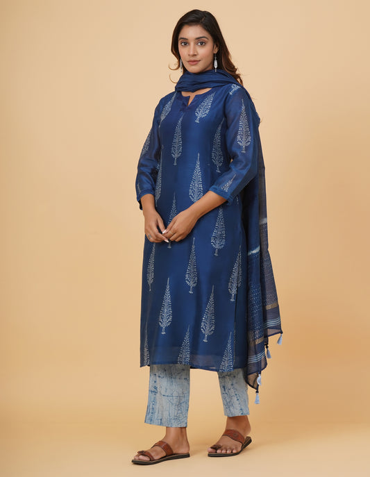 Indigo Dyed Dabu Printed Chanderi Kurta Set