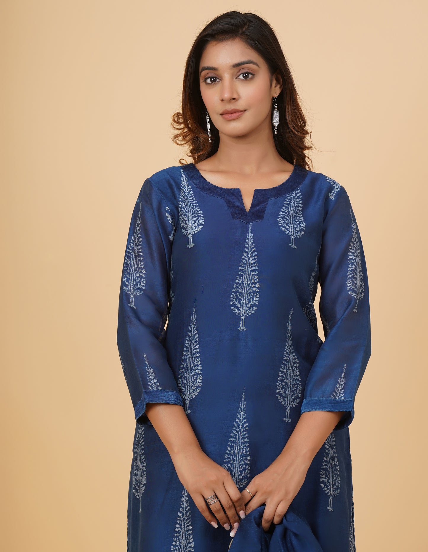 Indigo Dyed Dabu Printed Chanderi Long Kurta