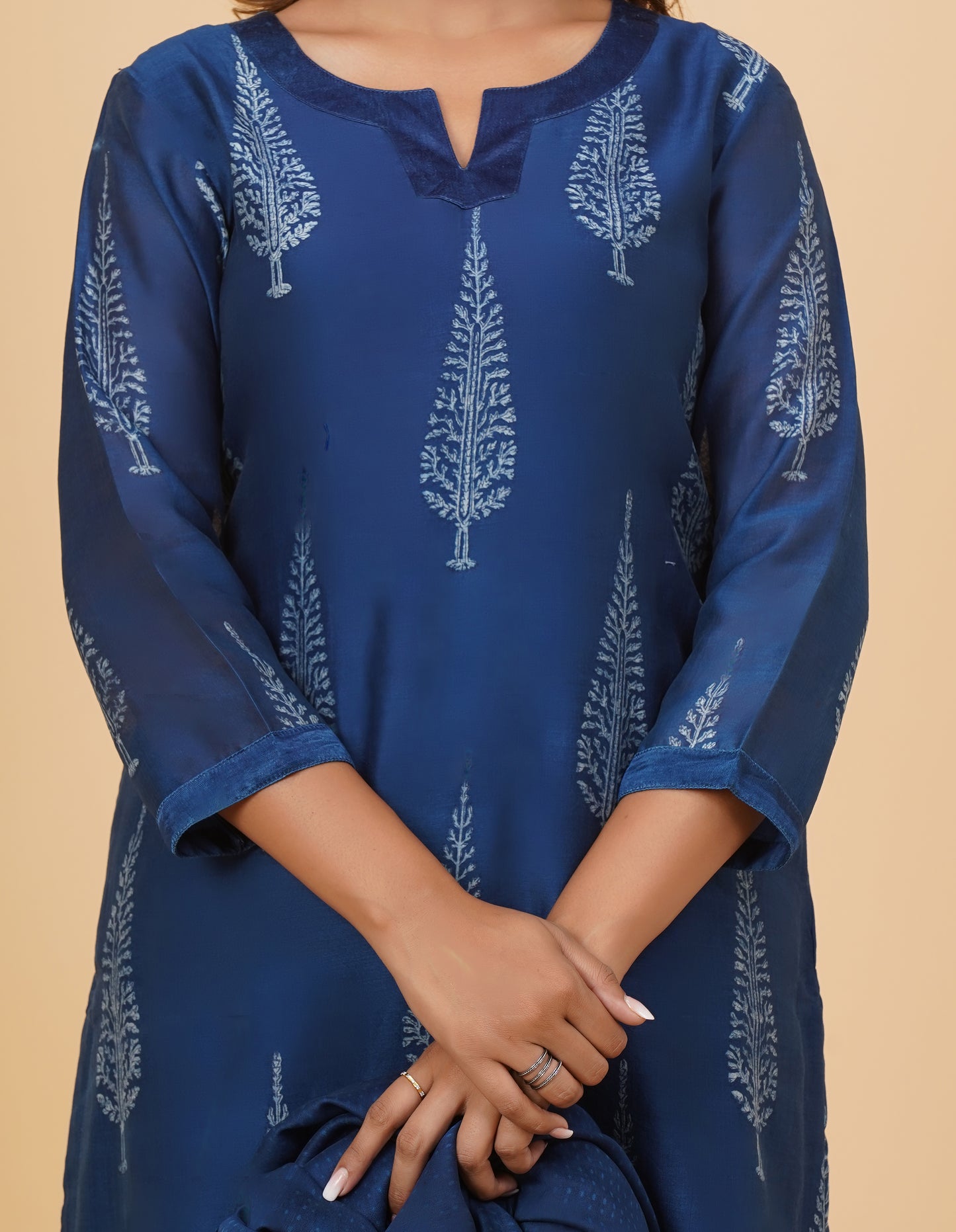 Indigo Dyed Dabu Printed Chanderi Long Kurta