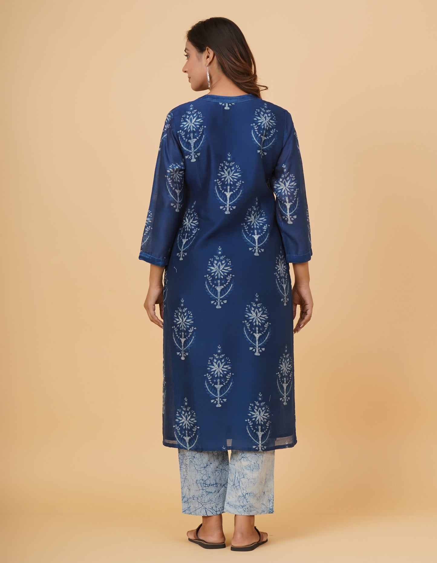 Indigo Dyed Dabu Printed Chanderi Long Kurta