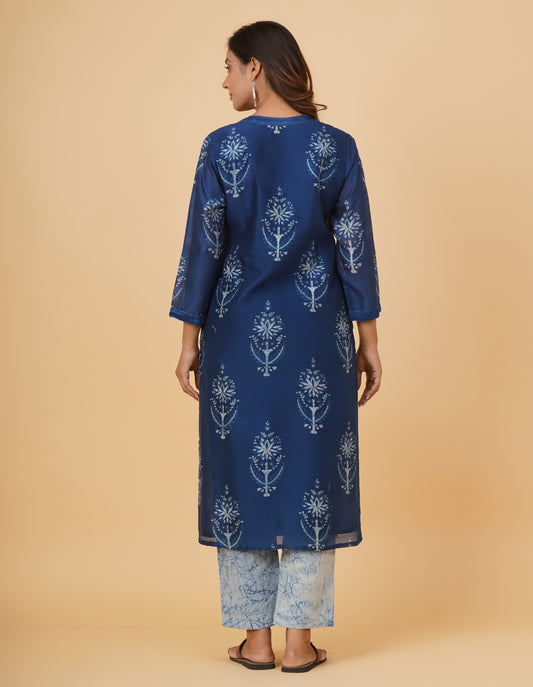 Indigo Dyed Dabu Printed Chanderi Long Kurta