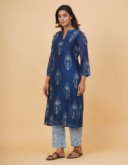 Indigo Dyed Dabu Printed Chanderi Long Kurta