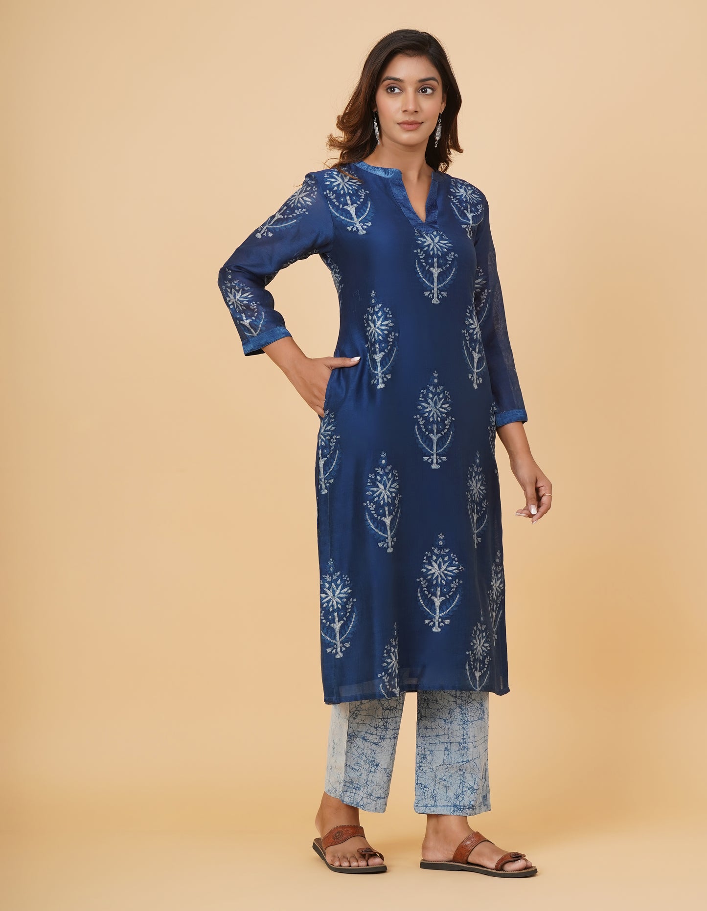 Indigo Dyed Dabu Printed Chanderi Long Kurta