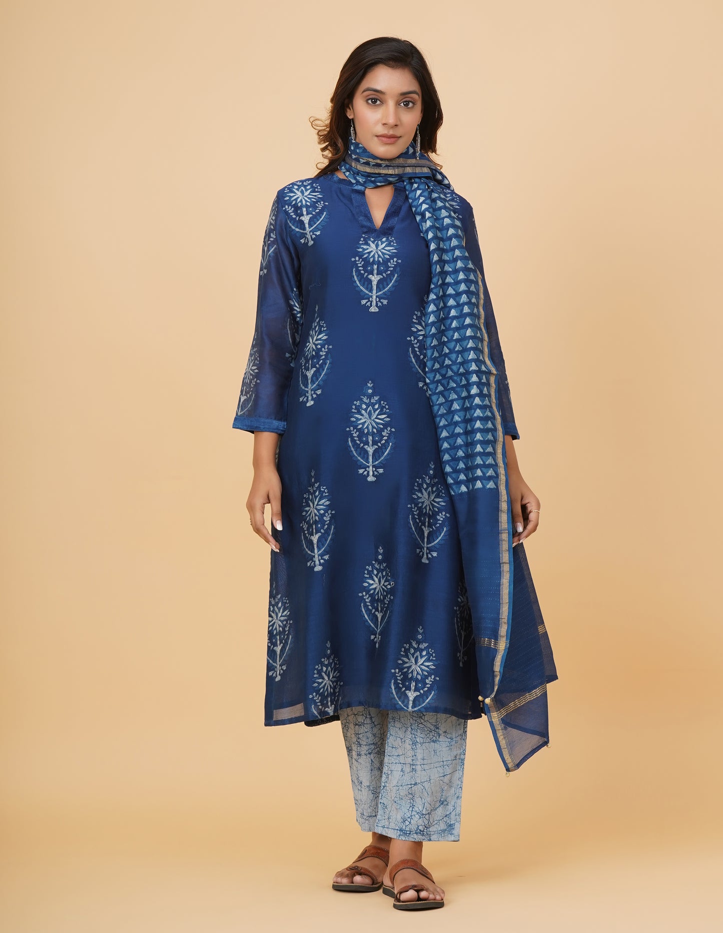 Indigo Dyed Dabu Printed Chanderi Kurta Set