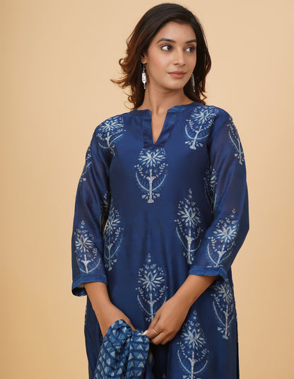 Indigo Dyed Dabu Printed Chanderi Long Kurta