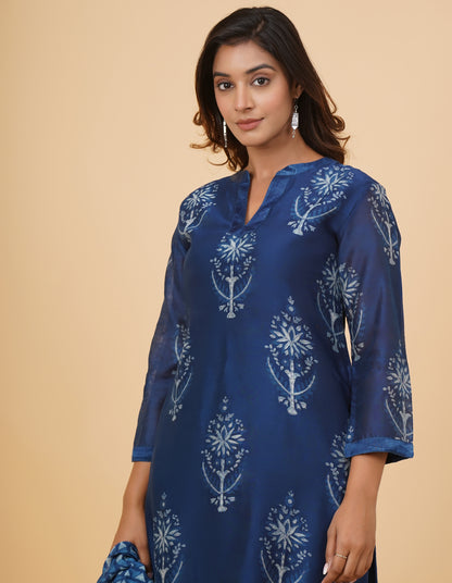 Indigo Dyed Dabu Printed Chanderi Long Kurta