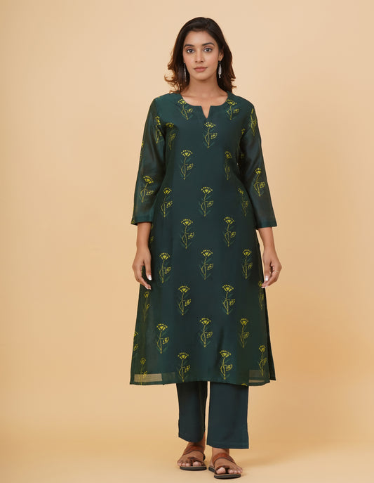 Indigo Nashpal Dyed Dabu Printed Chanderi Long Kurta