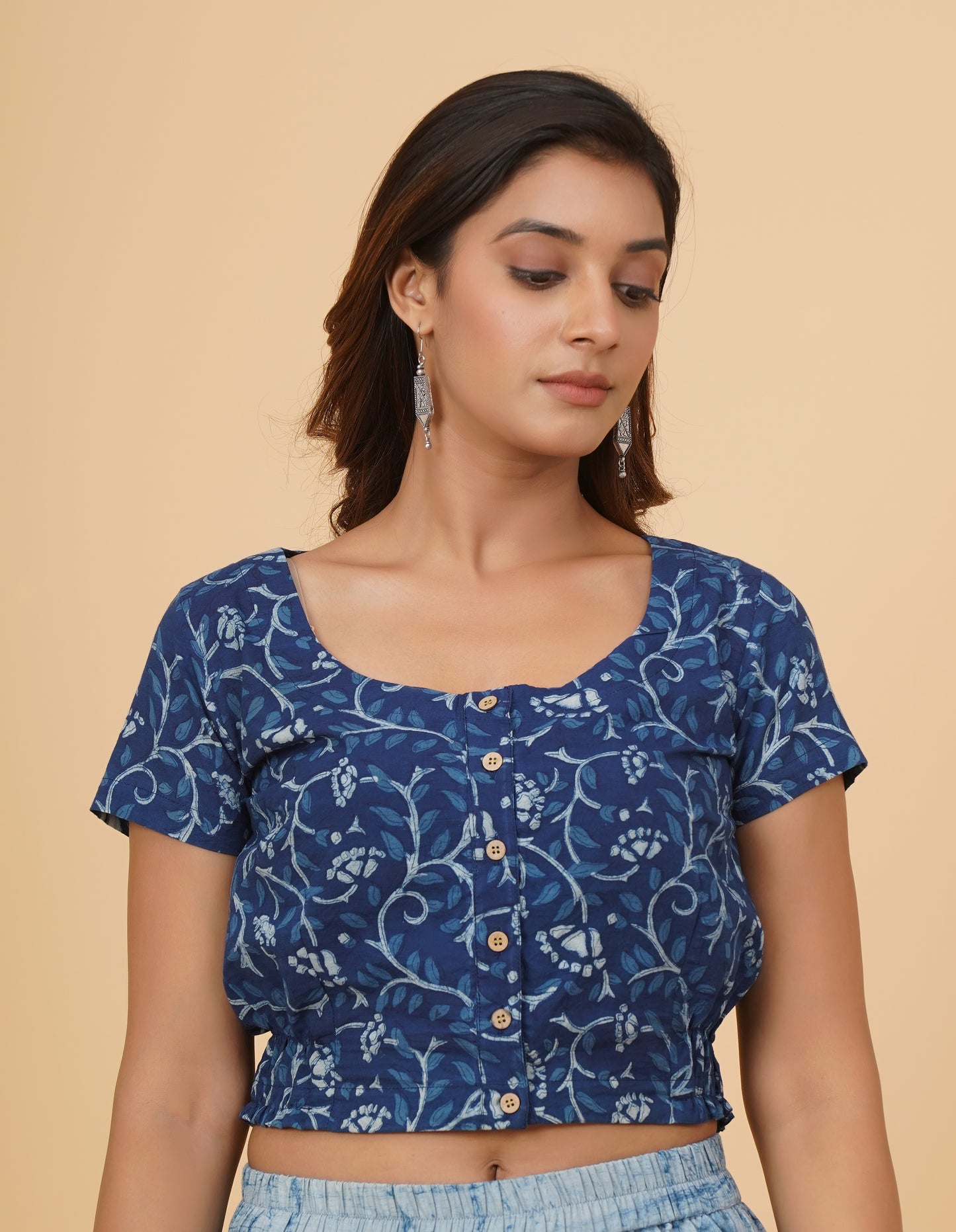 Indigo Dyed Dabu Printed Short Sleeve Blouse