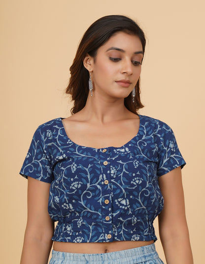Indigo Dyed Dabu Printed Short Sleeve Blouse