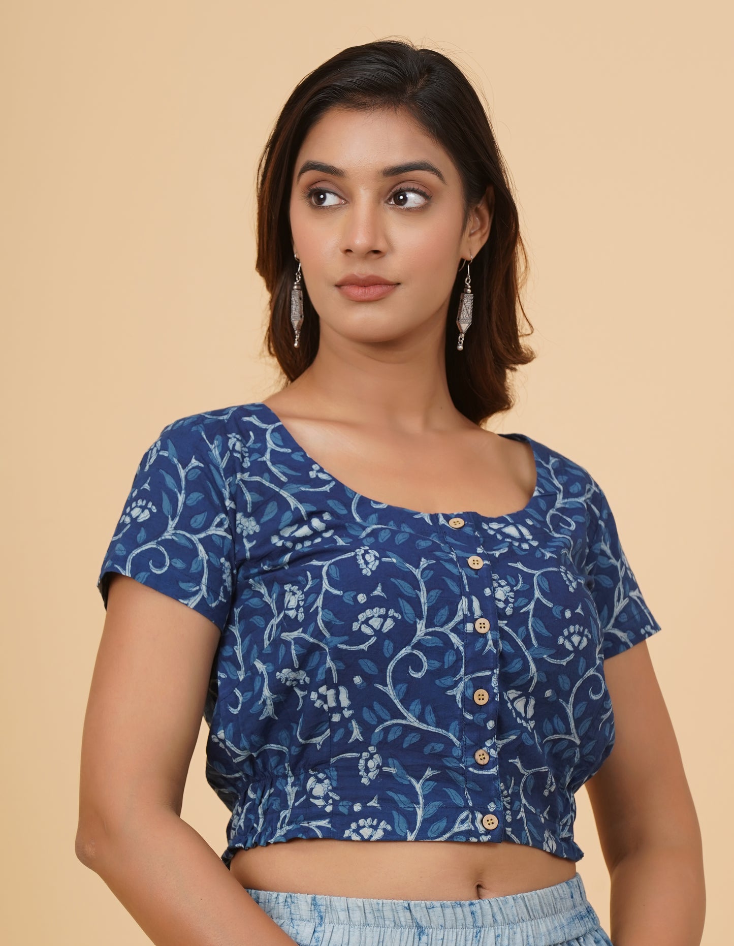Indigo Dyed Dabu Printed Short Sleeve Blouse