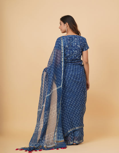 Natural Indigo Dyed Dabu Hand Block Printed Kota Doriya Saree