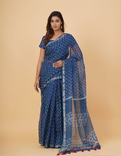 Natural Indigo Dyed Dabu Hand Block Printed Kota Doriya Saree