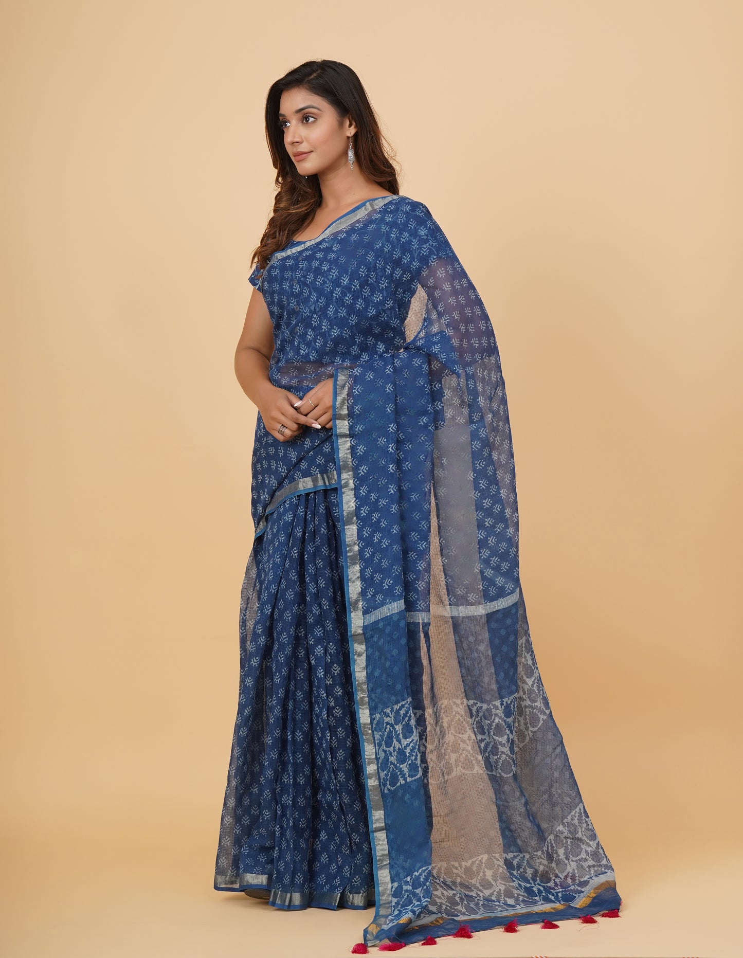 Natural Indigo Dyed Dabu Hand Block Printed Kota Doriya Saree
