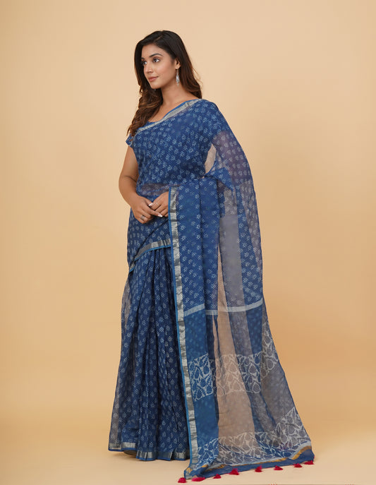 Natural Indigo Dyed Dabu Hand Block Printed Kota Doriya Saree