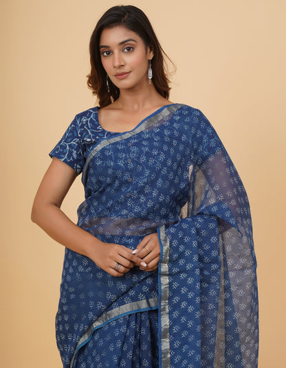 Natural Indigo Dyed Dabu Hand Block Printed Kota Doriya Saree