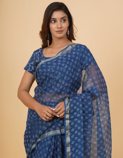 Natural Indigo Dyed Dabu Hand Block Printed Kota Doriya Saree