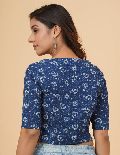 Indigo Dyed Dabu Printed Full Sleeve Blouse