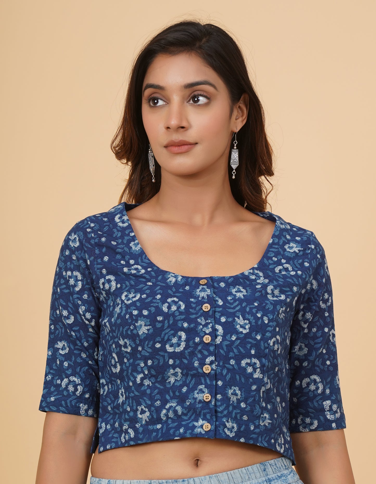 Indigo Dyed Dabu Printed Full Sleeve Blouse