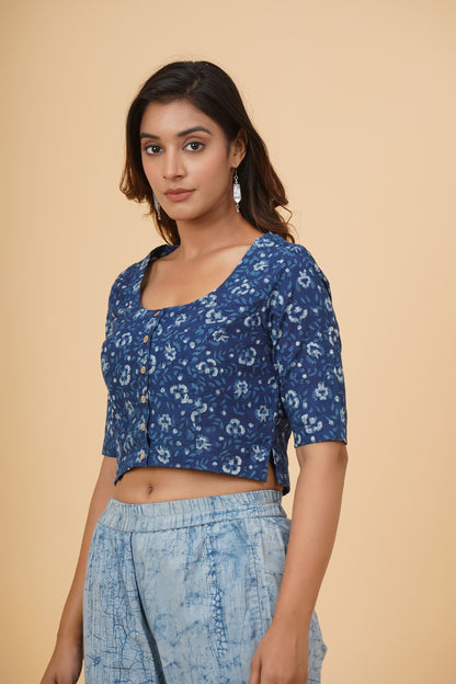 Indigo Dyed Dabu Printed Full Sleeve Blouse