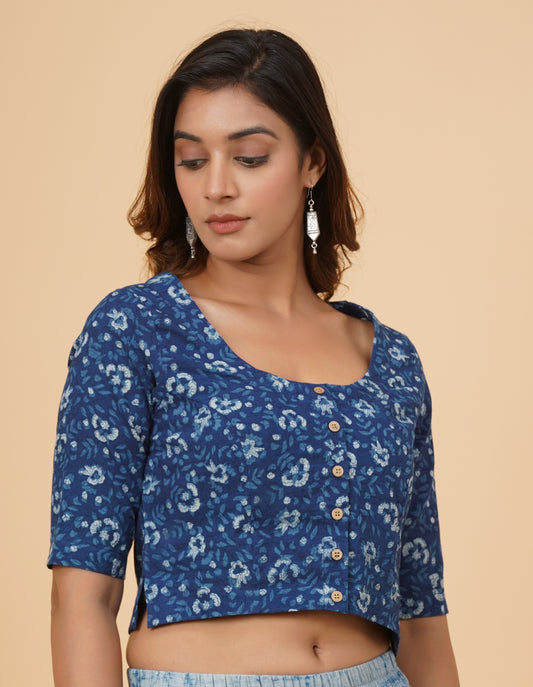 Indigo Dyed Dabu Printed Full Sleeve Blouse