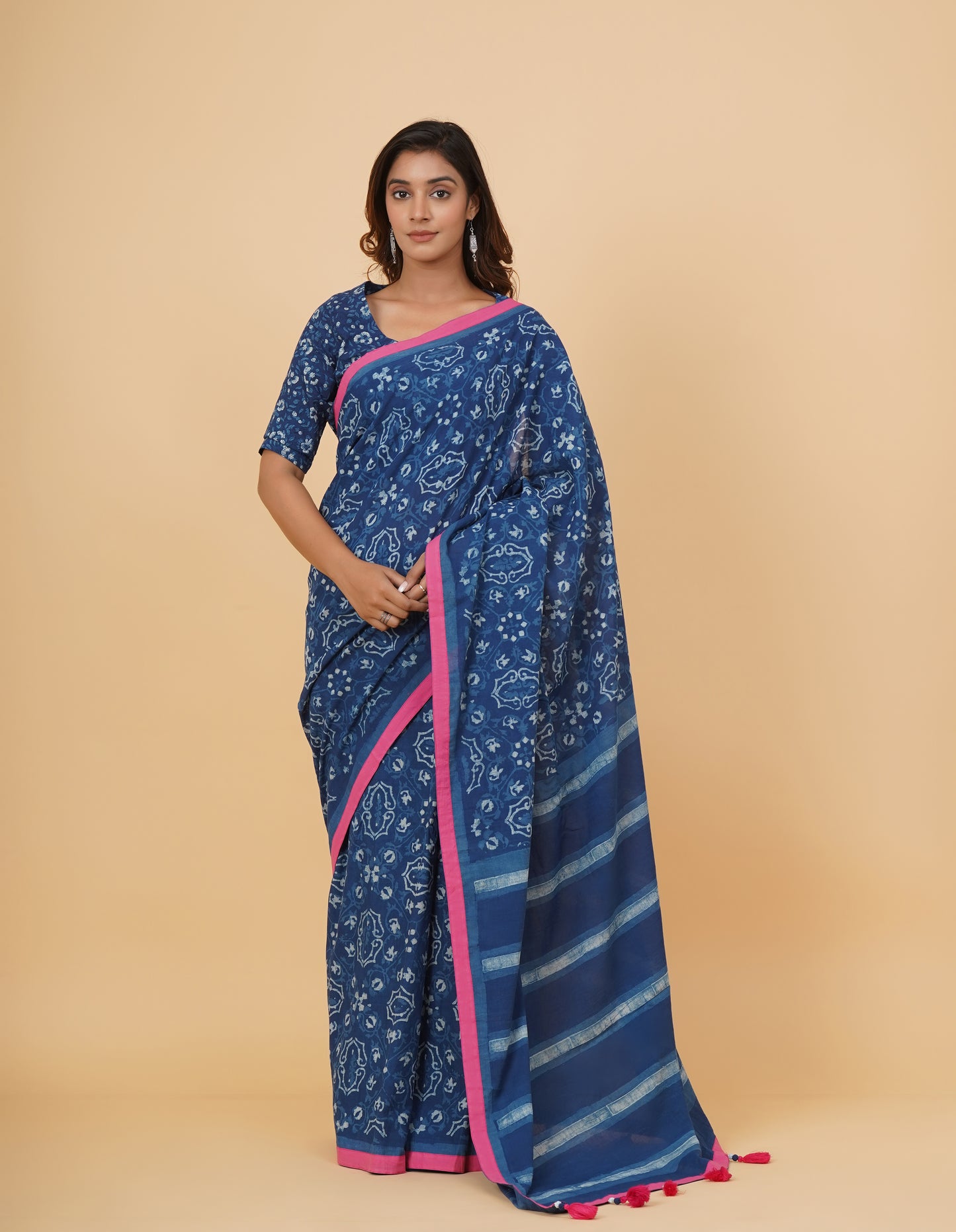 Natural Indigo Dyed Dabu Hand Block Printed Cotton Saree