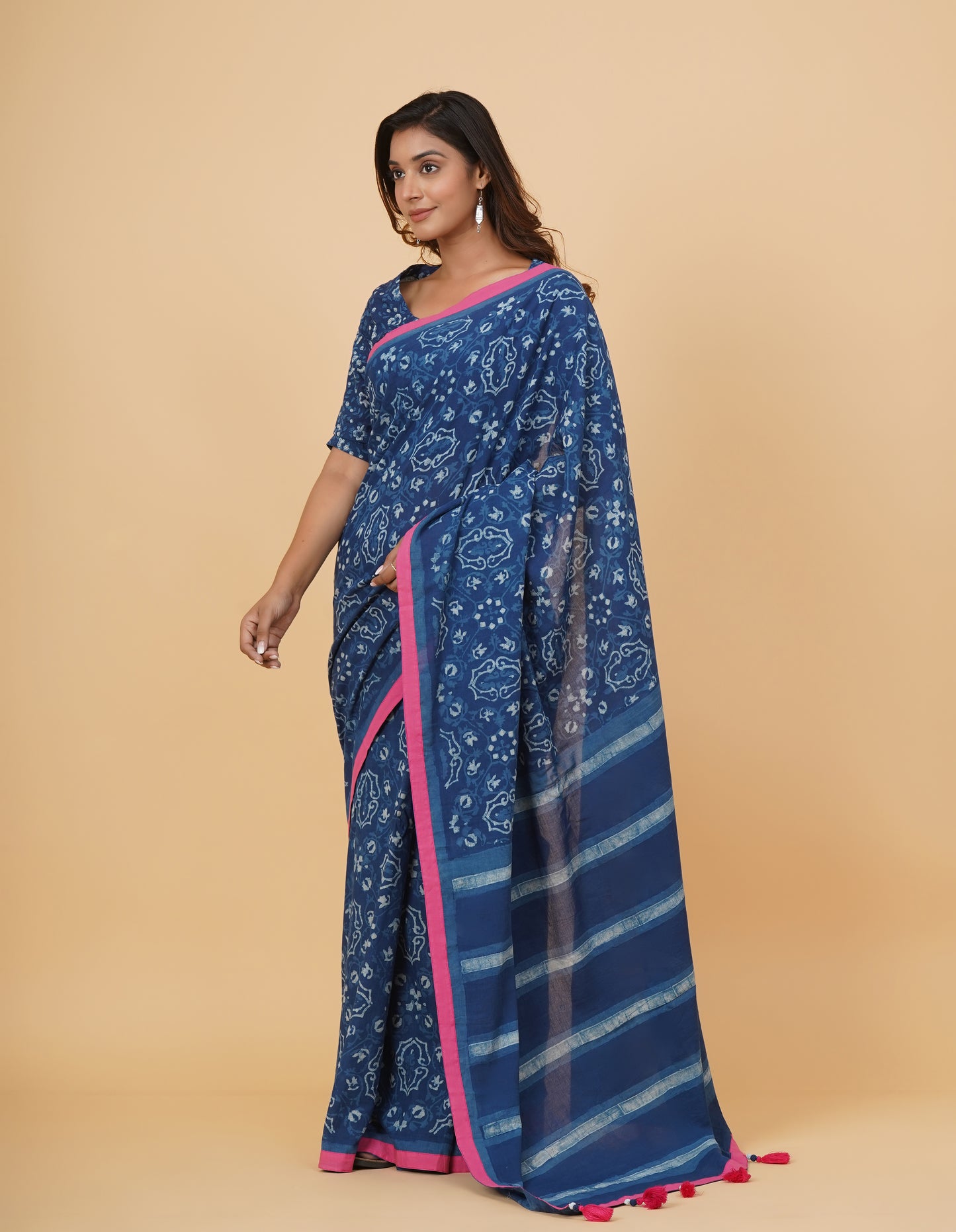 Natural Indigo Dyed Dabu Hand Block Printed Cotton Saree