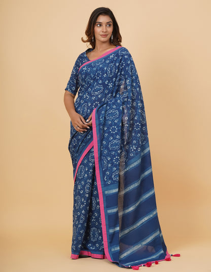 Natural Indigo Dyed Dabu Hand Block Printed Cotton Saree