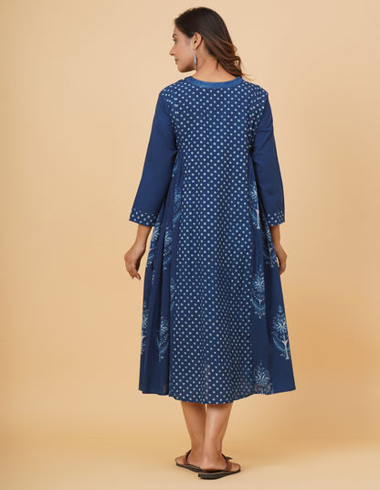 Natural Indig Dyed Dabu Printed Cotton Long Dress
