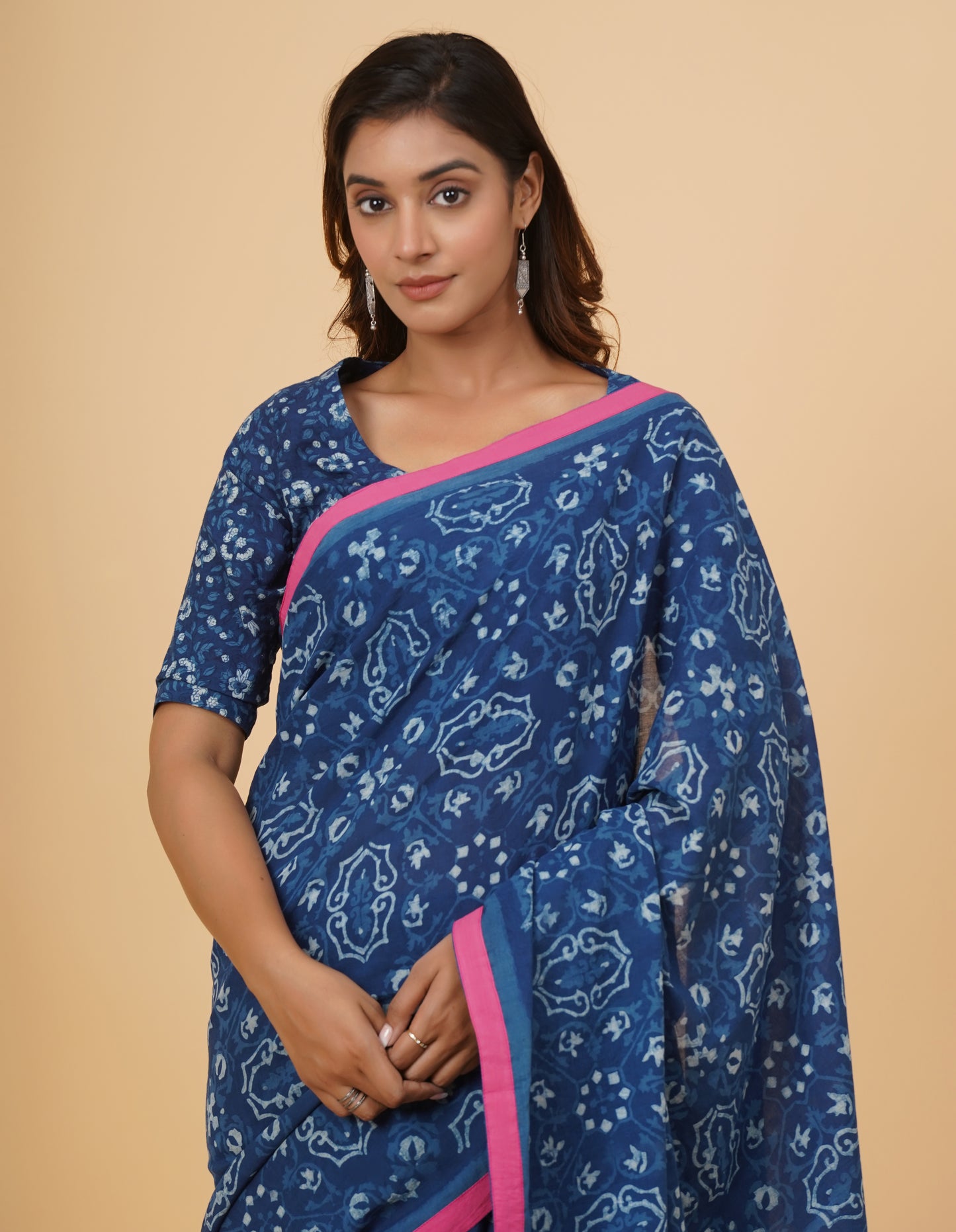 Natural Indigo Dyed Dabu Hand Block Printed Cotton Saree